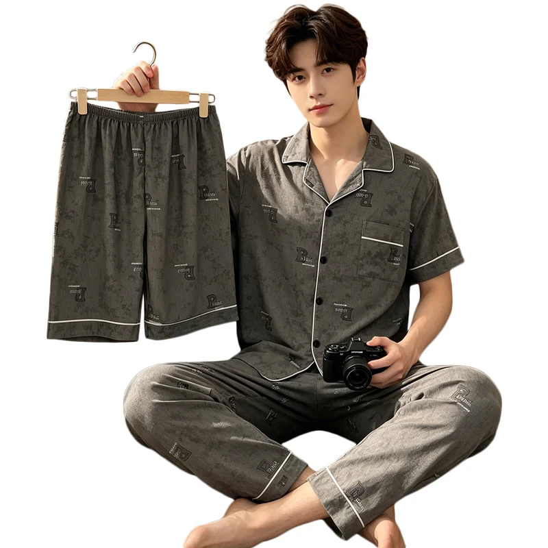 Men's Cartoon-printed Short Sleeve Summer Three-piece Set Lightweight Versatile Loungewear