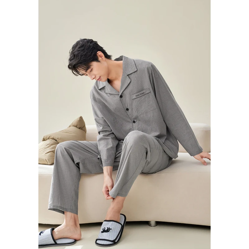 Men's Casual 100% Cotton Woven Animal Print Long Sleeve Pajamas with Pockets Breathable Homewear Can Be Worn Outdoors