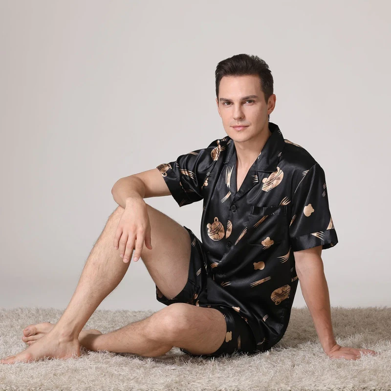 Men's Casual Breathable Imitated Silk 2-Piece Trousers Cardigan Pajamas Set Plus Size Room Lounge Nightwear Short Sleeve Pockets