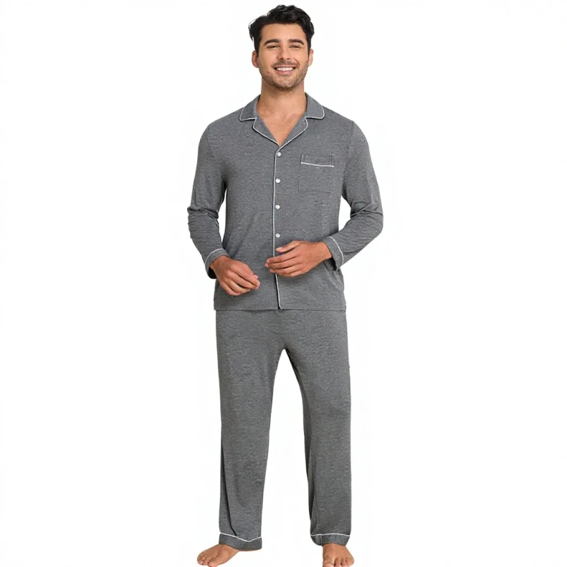 Men's Casual Breathable Modal 2 Piece Pajama Set Long Sleeve Turn Down Collar Solid Color Cardigan Knitted Home Wear Pockets