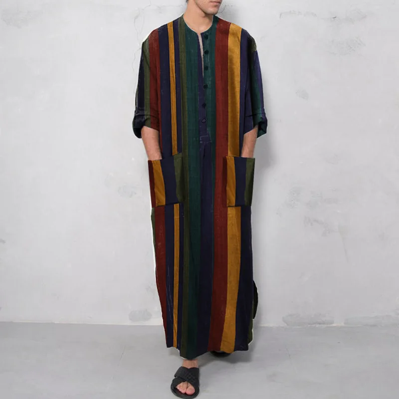 Men's Casual Button Up Kaftan Thobe Striped Long Sleeve Robe with XXL Size Breathable and Digital Features for Adults