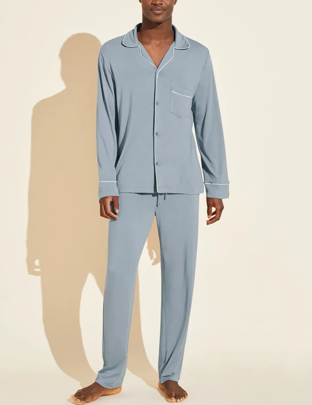 Men's Casual Concise Cotton Soft Long Sleeve Loungewear Pajamas Set with Pockets Button Modal Breathable Sleepwear