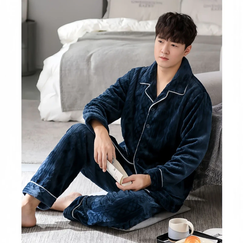 Men's Casual Flannel Pajamas Long-Sleeved Cardigan with Lapel Two-Piece Home Wear for Autumn and Winter