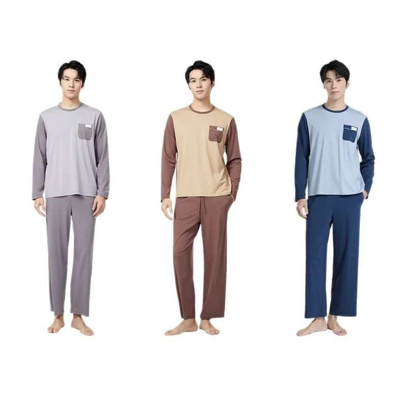 Men's Casual Lyocell Cotton Pajamas Set Spring Summer Long Sleeve Long Pants Knitted Cool Color Block Homewear