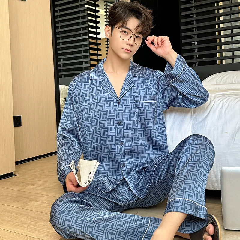 Men's Casual Robes Spring Autumn Long Sleeve Thin Ice Silk Quick Dry High end Jacquard Large Size Wearable Homewear Set