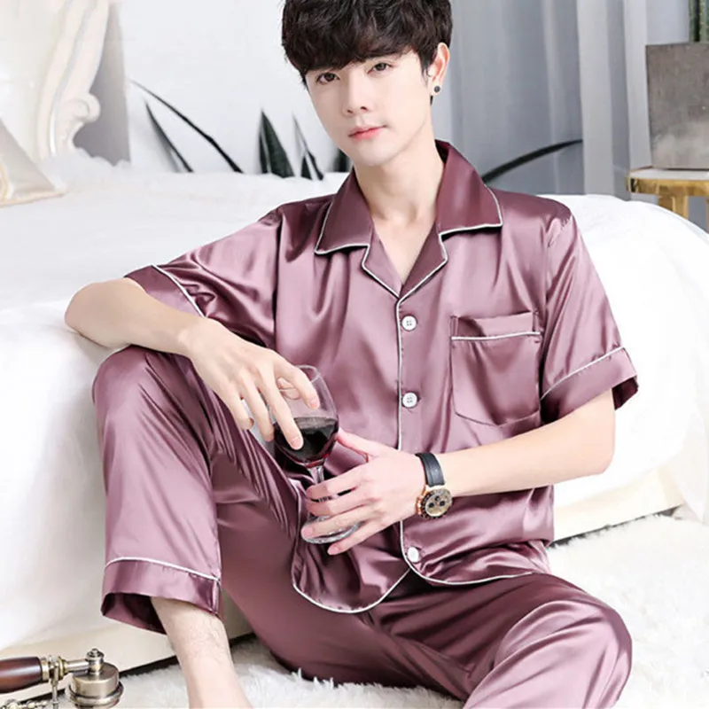 Men's Casual Satin 100% Polyester Pajamas Short Sleeve Full Length Sleepwear Quick Dry Breathable Cardigan Home Wear Summer