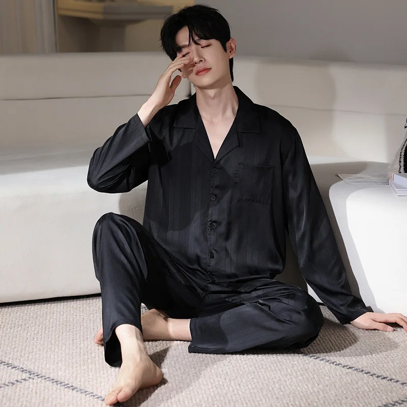 Men's Casual Satin Pajamas Set Breathable Quick Dry Long Sleeves Top and Pants Printed Ice Silk