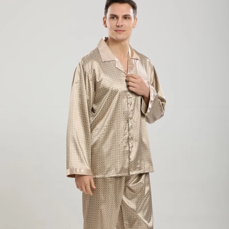 Men's Casual Satin Pajamas Set Long Sleeve Top and Pants Breathable and Comfortable European Size for Spring Autumn