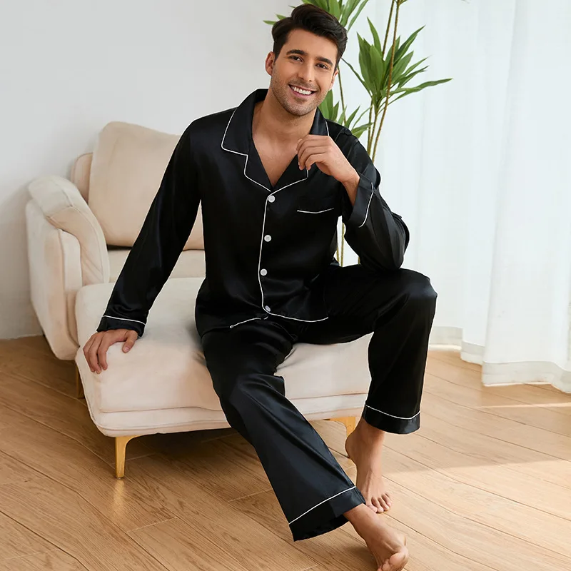Men's Casual Silky Stain Pajamas Set Red Long Sleeve Trousers Soft Sleepwear for Spring Autumn Home Wear Wedding