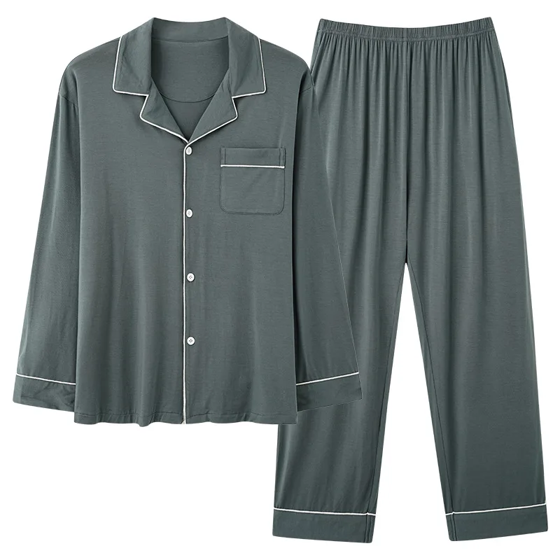 Men's Casual Solid Style Modal Pajamas 2pc Set Breathable V-Neck Long Sleeves Top and Pants Knitted Fabric Sleepwear
