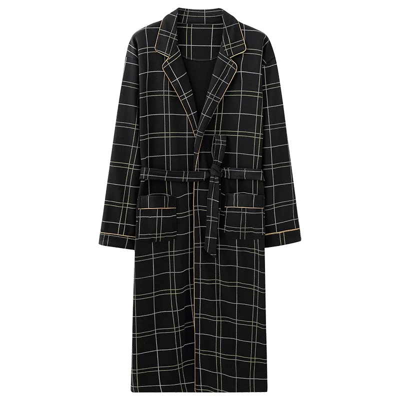 Men's Casual Spring and Autumn Knitted 100% Cotton Long-Sleeved Plaid Bathrobe Plus Size