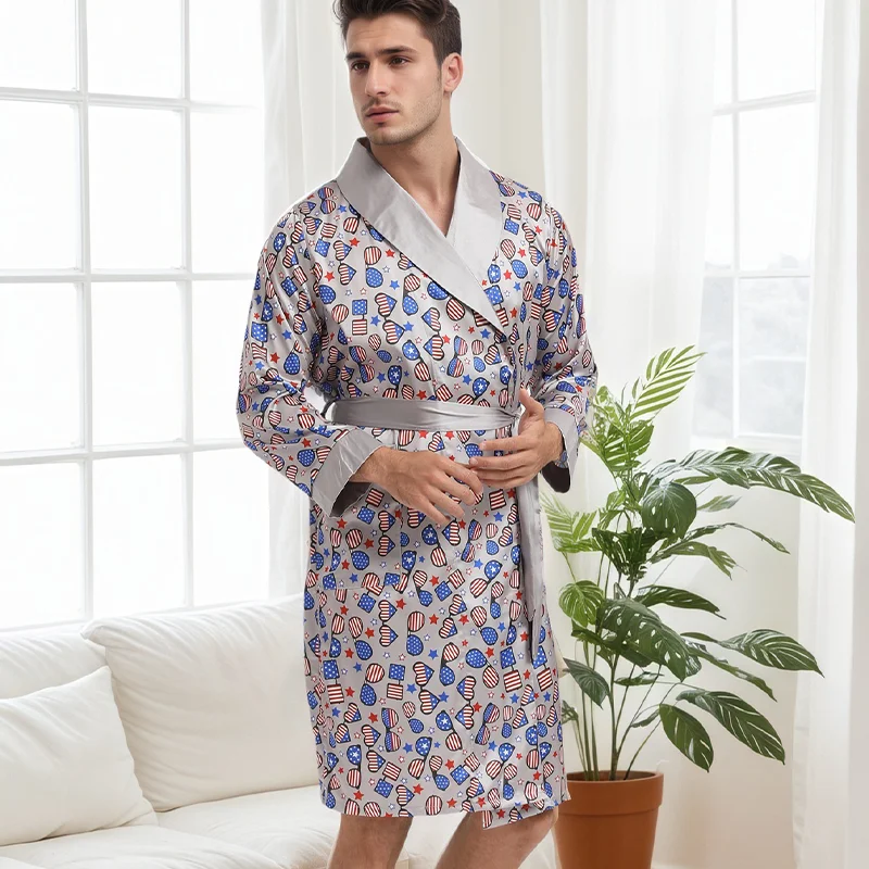 Men's Casual Spring and Summer Long-Sleeved Satin Bathrobe Plus Size Printed Breathable Machine-Washable Robe