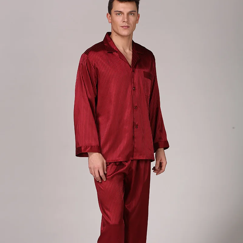 Men's Casual Striped Pajamas Set Long Sleeve Spring Loungewear Breathable Imitated Silk Fabric Woven Pockets Plus Size 2 Piece