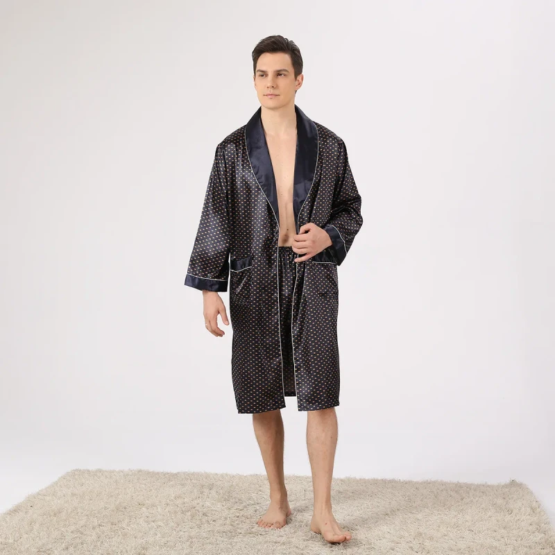 Men's Casual Summer Nightgown Breathable Polyester Long Sleeve with Pockets and Ice Silk Style 2-Piece Imitated Silk Fabric
