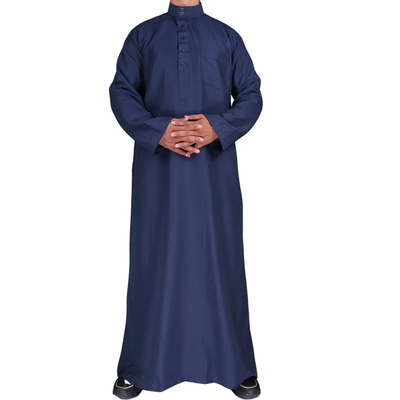 Men's Classic Navy Blue Thobe Kandura Stand Collar Button Design Traditional Long Robe Casual Daily Wear