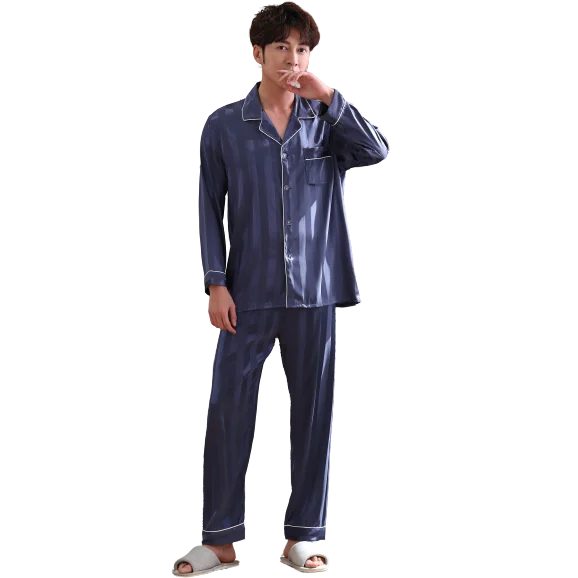 Men's Classic Solid Color Button Down Turn-down Collar Long Sleeve Satin 2 Piece Pajama Set Man Silk Sleepwear Pj Set