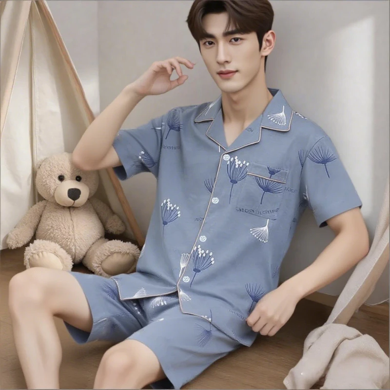 Men's Collared Pajamas Two Piece Short-sleeved Shorts Pijamas Set Summer Soft Button Young Man Home Wear Thin Casual Sleepwear