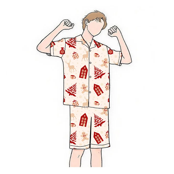 Men's Comfortable 100% Cotton Velour Sleepwear Breathable Soft Short Sleeve Pajamas Holiday Theme Santa Print for Sleep Leisure