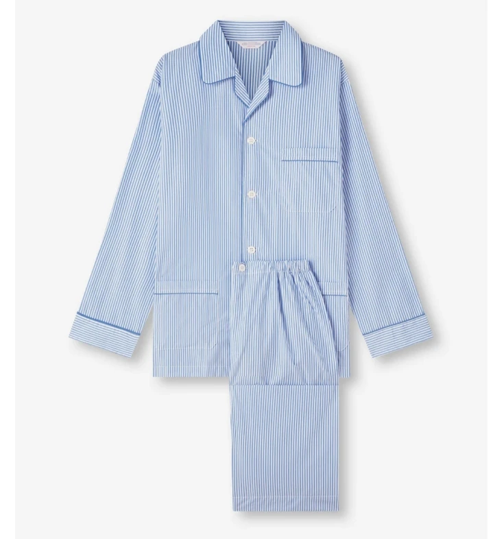 Men's Comfortable Breathable Yarn Dyed Woven Pajamas Full Length Open Front with Striped Pattern for Spring Autumn Winter