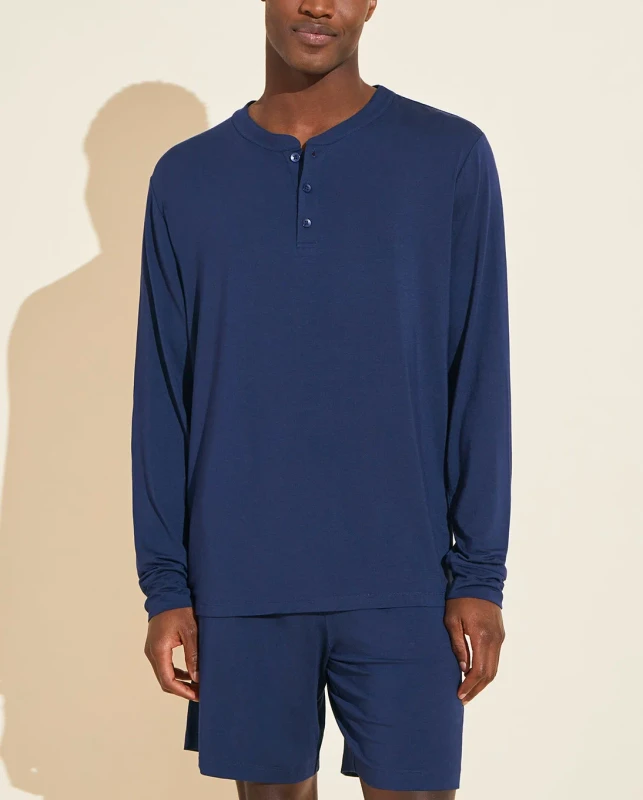 Men's Comfortable Modal Cotton Knitted Pajamas Set Long Sleeves and Short Pant with Pockets Custom Logo Breathable Sleepwear