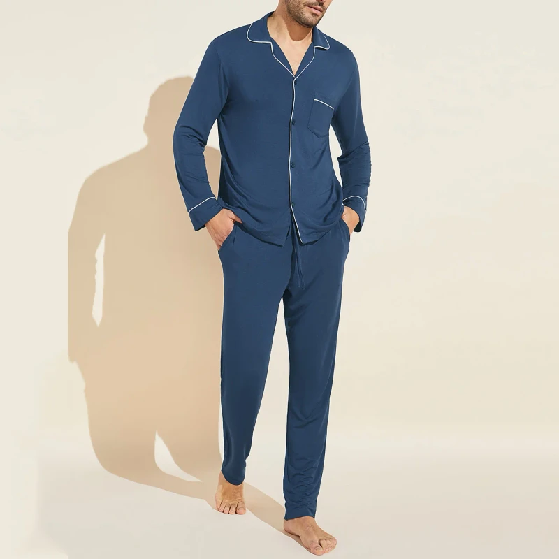 Men's Concise Cotton Soft Long Sleeve Loungewear Pjs Set With Pockets Pajamas Sets Button up Sleepwear for Men pajama set custom