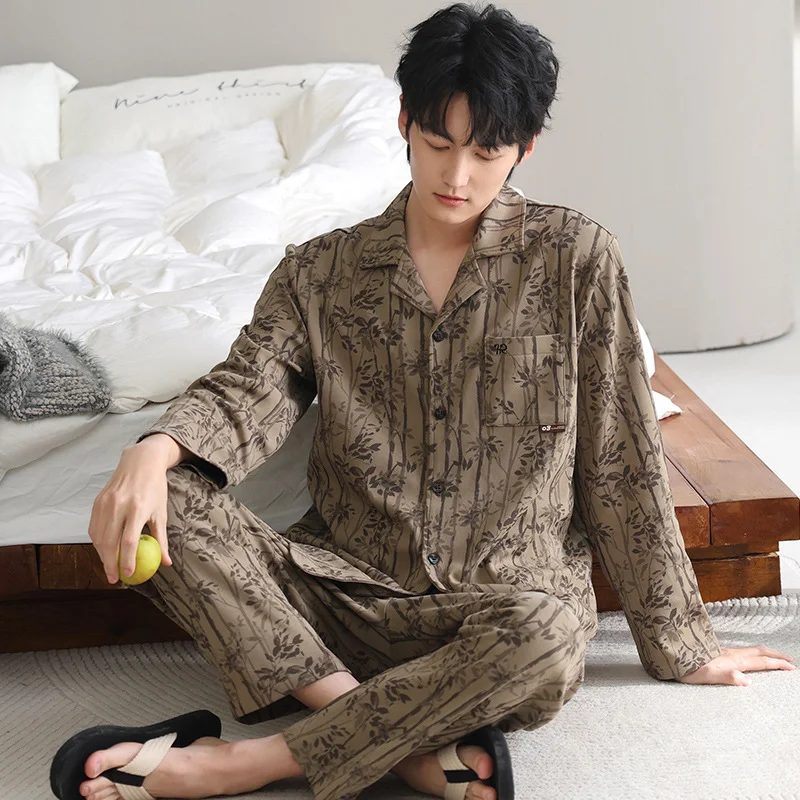 Men's Cotton Pajama Set for Autumn & Winter Long Sleeve Casual Lounge Wear Simple XL Sleepwear Suitable for Light Outdoor Use