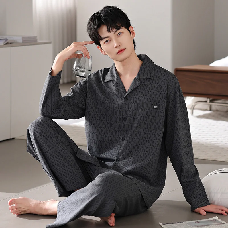 Men's Cotton Pajama Set for Autumn & Winter Long Sleeve Casual Lounge Wear Simple XL Sleepwear Suitable for Light Outdoor Use