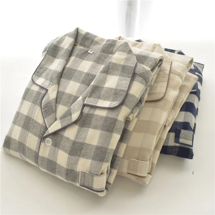 Men's Cotton Plush Pajamas Plaid Long Sleeve Sleepwear Set