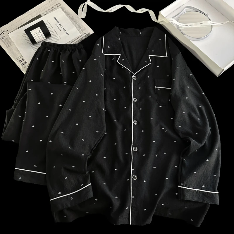 Men's Cotton Spring Autumn Pajama Set Cardigan Long Sleeve and Pants Casual Youth Homewear