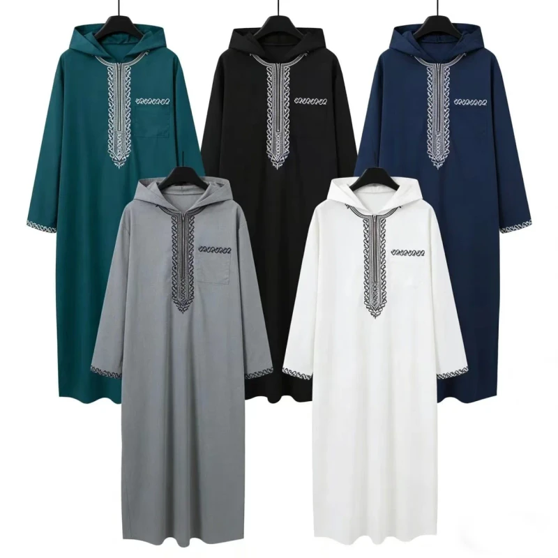Men's Elegant Islamic Long Sleeve Robe with Hooded Zipper XXL Camis Homme Loose Casual Design Short Thobe