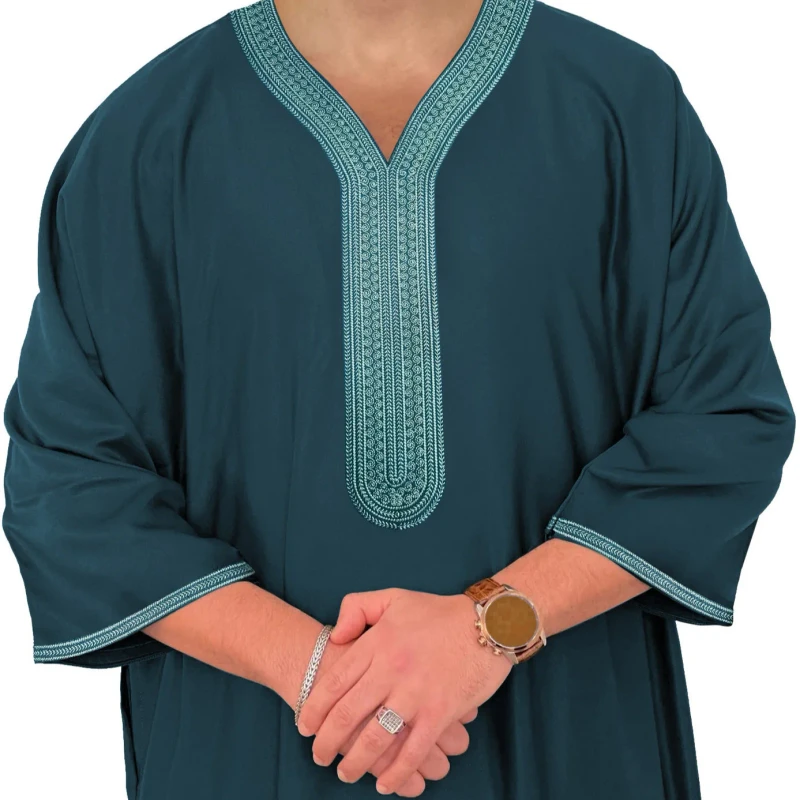 Men's Embroidered Ethnic Style Robe Mid Sleeve Free Size Polyester Side Pockets Soft for Adults Free Middle