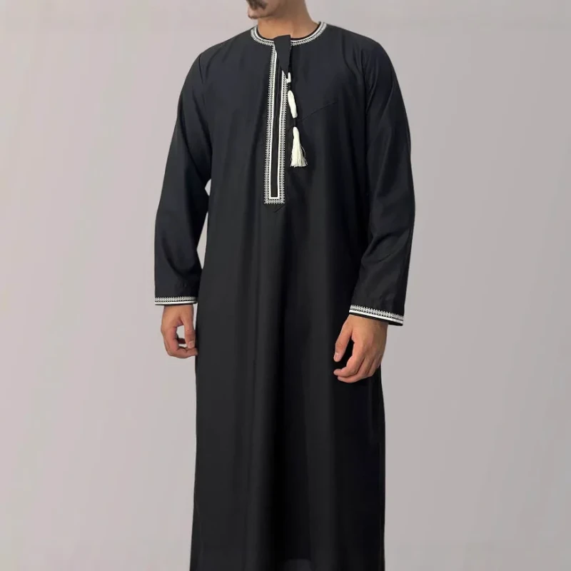 Men's Embroidery Kaftan Thobe Long Sleeve Muslim Robe Moroccan Thobe Islamic Clothing