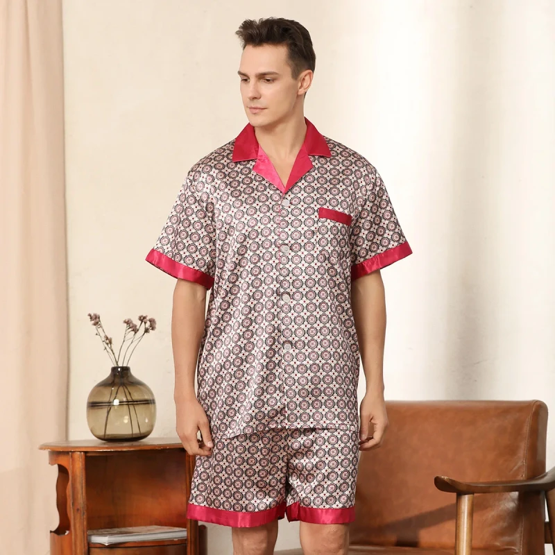Men's European Size Summer Breathable Pajamas Set Comfortable Soft Printed Short Sleeve Shorts Ice Silk Satin Casual Striped