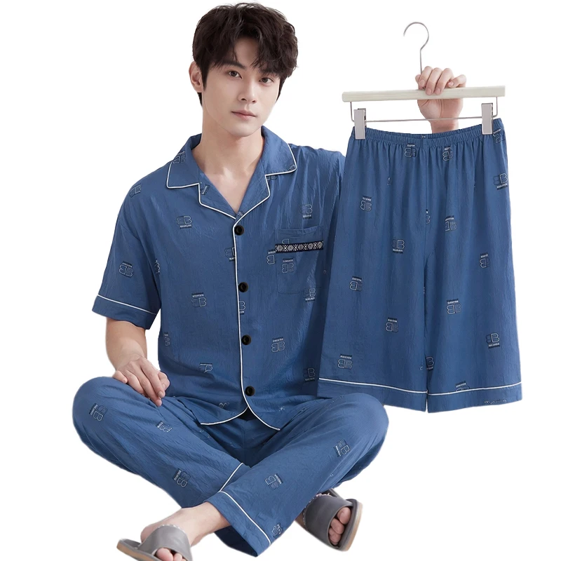 Men's Fashionable Lapel Collar Short Sleeve Three Piece Pajama Set For Youth Luxurious Loungewear