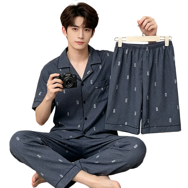 Men's Fashionable Short sleeve Summer Lightweight Letter Print Minimalist Sleepwear Three piece Set