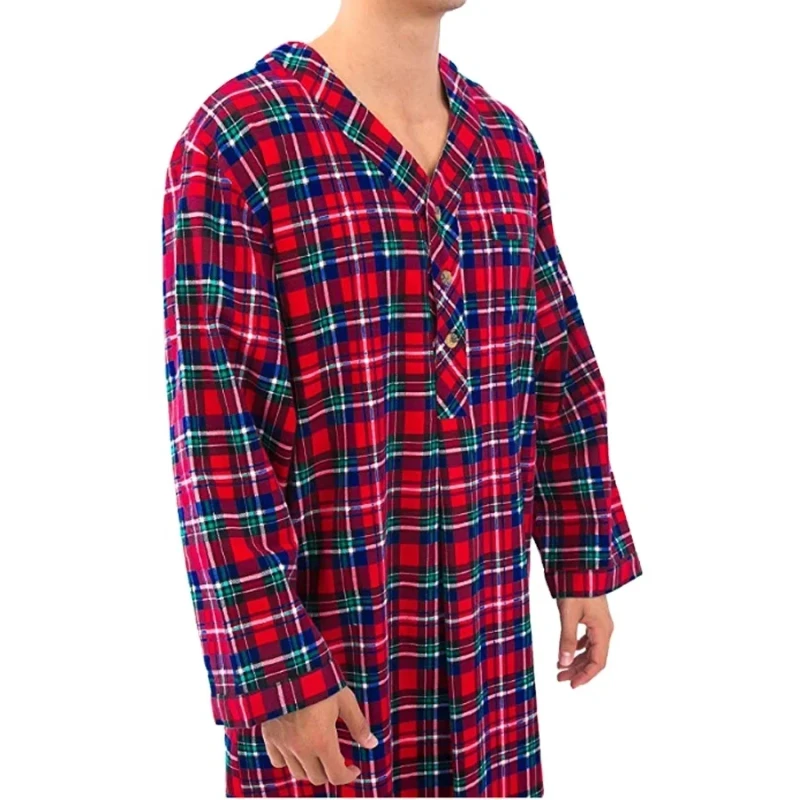 Men's Flannel Plaid Shirt Long Sleeve Flannel Nightshirt and Pants Sleepwear Long Kaftan Robe
