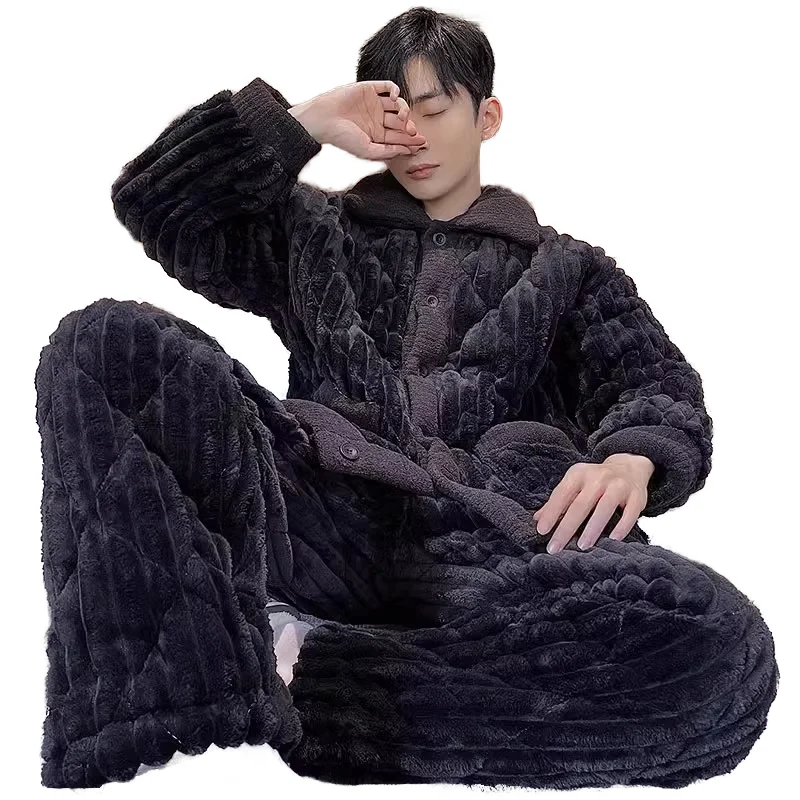 Men's Fleece Pajamas Set Homewear 100% Polyester Breathable Thermal Casual