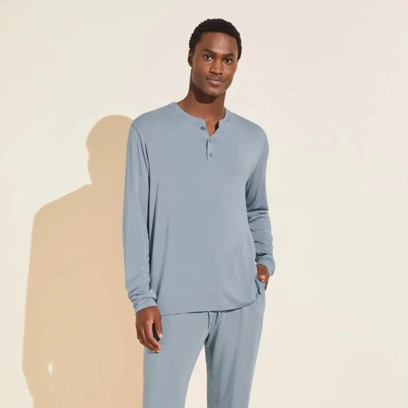 Men's Henley Soft Modal Bamboo Fabric Long Sleeve Casual Home Wear Pajamas Set with Pocket Quick Dry Sleepwear