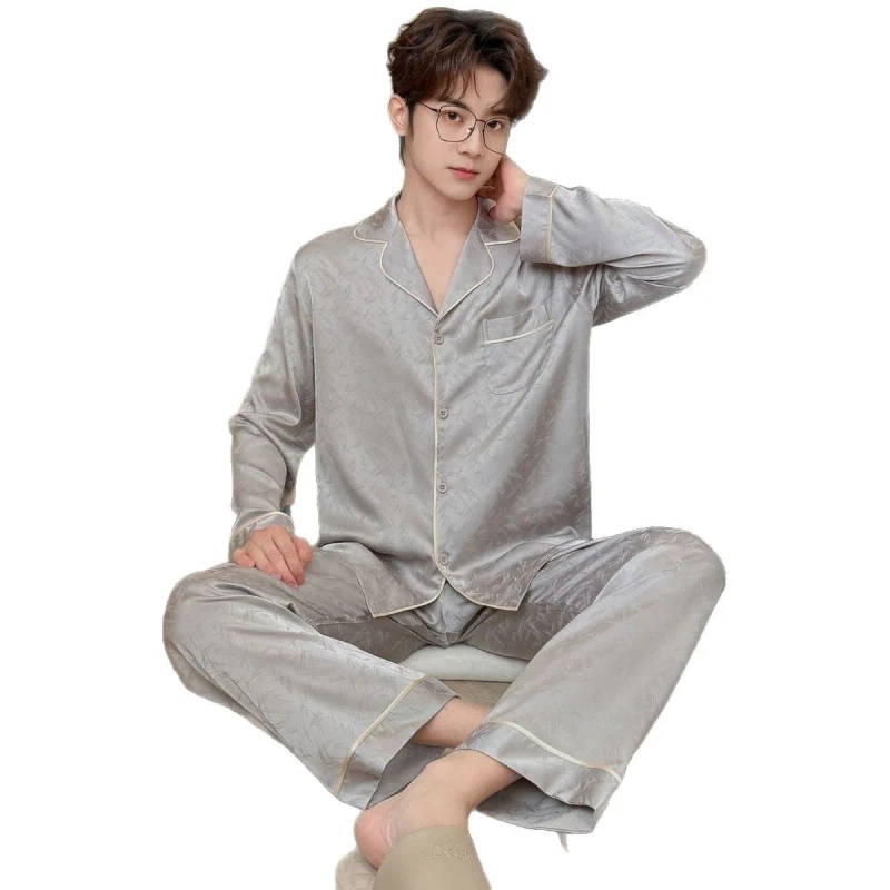 Men's High-End Jacquard Pajamas Breathable Thin Ice Silk Long-Sleeved Set for Spring Fall Autumn Large Size Animal for Home Wear