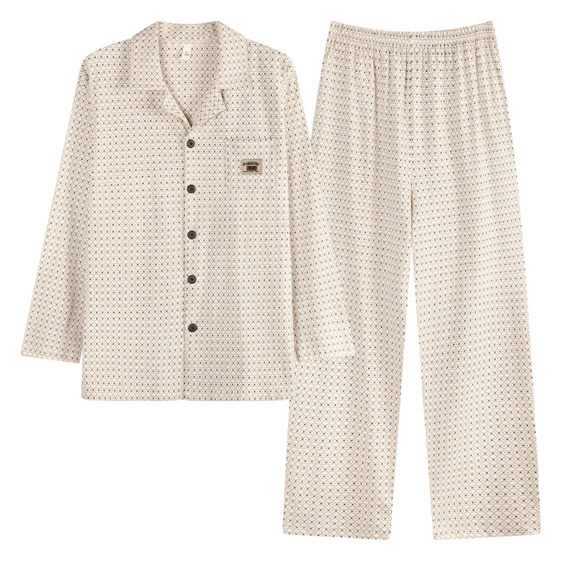 Men's Home Wear Two-Piece Pajama Set Casual Breathable Cotton with Long-Sleeved Cardigan for Spring Autumn