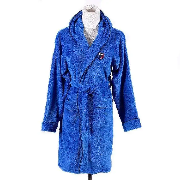 Men's Hooded Bathrobe With pocket Super Soft Coral Fleece Blue Bathrobe Pajamas Large Towel