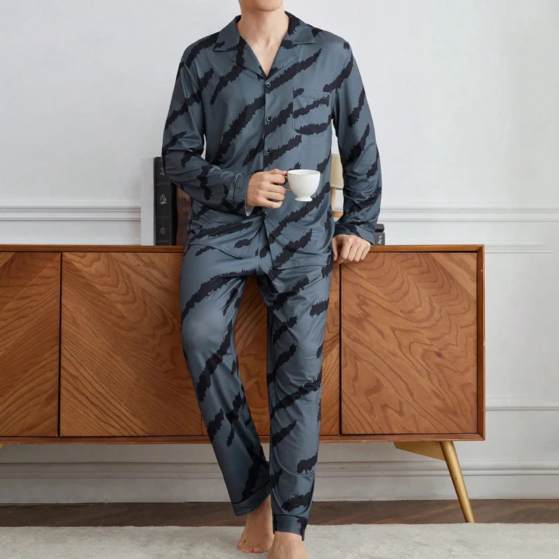 Men's Ice Silk Pajamas Set Long Sleeve Long Pants Lounge Wear for All Season
