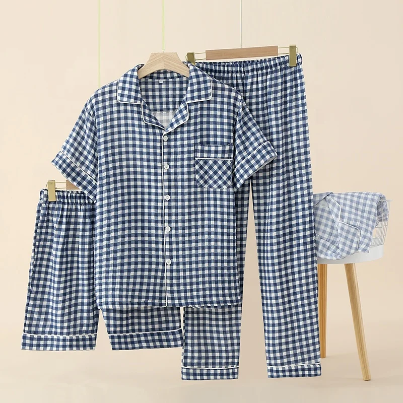 Men's Japanese-Style Plaid Pajamas Summer Three-Piece Set Pure Cotton Gauze Lightweight Homewear