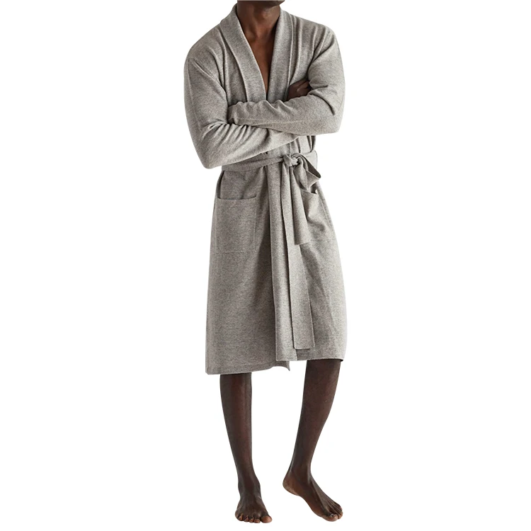 Men's Knitted Robe Custom Long Bath Warm Sleep Wool Cotton Silk Cashmere Super Soft Breathable Fabric With Solid Pattern