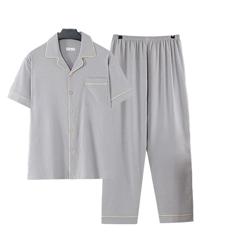 Men's Lapel Pajamas Turn down Collar Short Sleeve Trousers 2Pcs Sets Sleepwear Night Suits Thin Cotton Soft Summer Home Wear