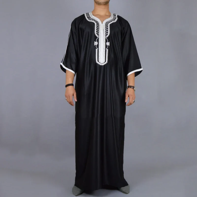 Men's Long Black Muslim Embroidered Robe Casual Youth Foreign Trade Cross Border Summer Shirt for Adults