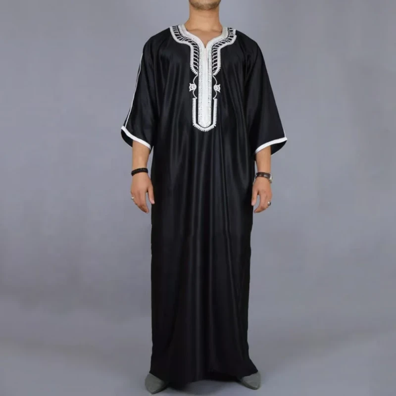 Men's Long Shirt Casual Youth Style Ordinary Black Muslim Embroidered Robe