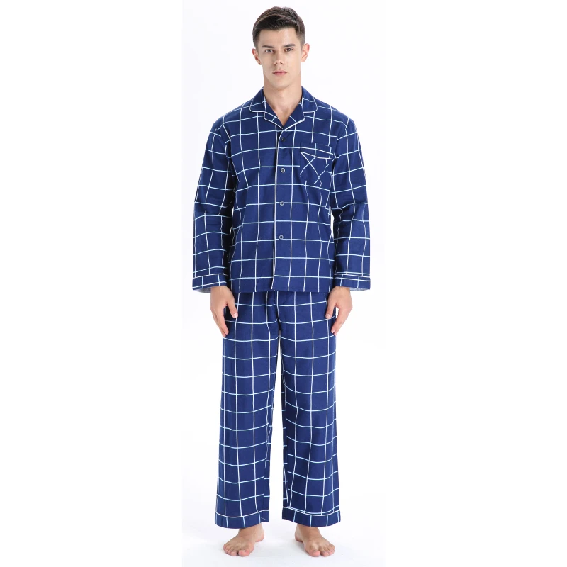 Men's Long Sleeve Pajama Set 2 Pieces Lounge Sleepwear Plaid Home Clothes Mens Cotton Pajamas