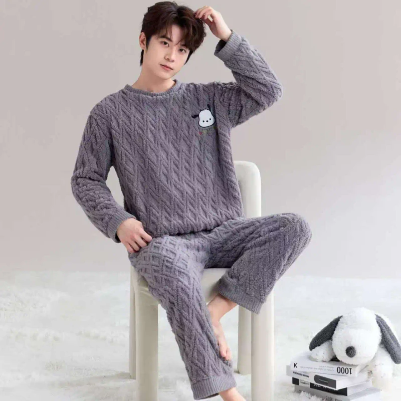 Men's Long-Sleeve Pajamas Set Thermal Coral Fleece Couple Home Wear Loose Fit Cute Embroidery Warm Winter Sleepwear Loungewear