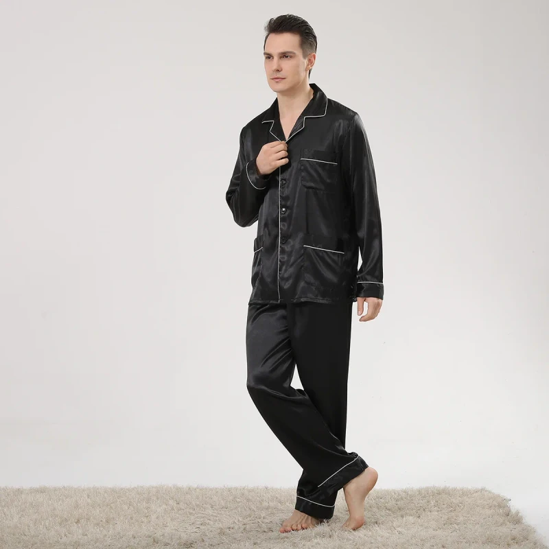 Men's Long Sleeve Plus Size Casual Print Silk Pajamas Set Breathable Ice Silk Spring Summer Homewear with Pant Jacket